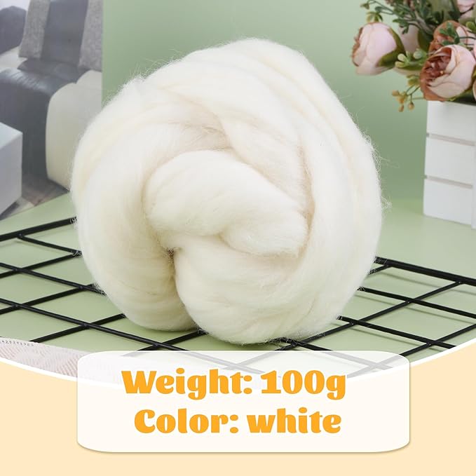 3.53oz Wool Roving, Fiber Roving Wool Top, Needle Felting Supplies, Pure Wools, Chunky Yarn, Spinning Wools for Needle Felting Wet DIY Hand Spinning (Natural White)