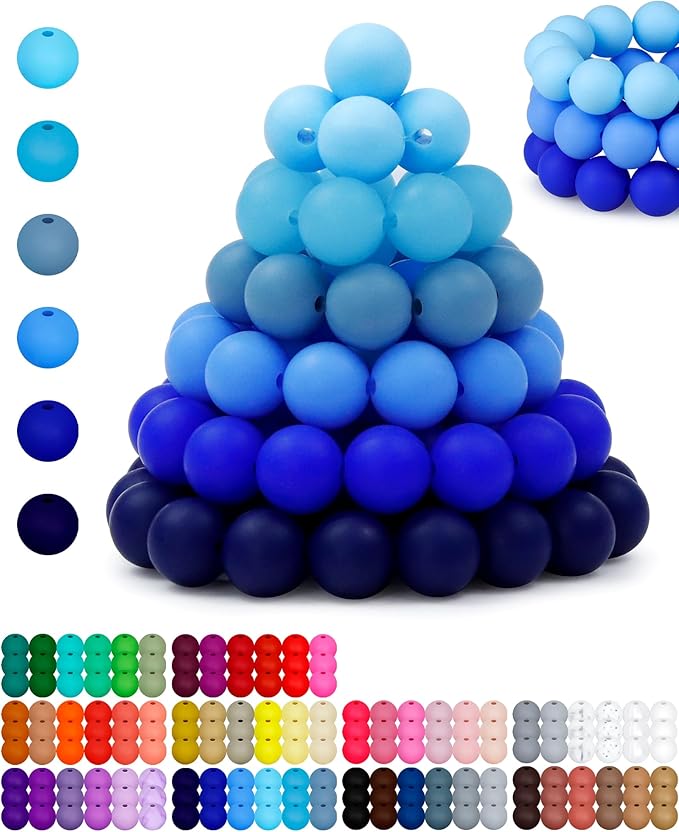 160pcs fiveizero 12mm silicone beads for keychain making, blue mixed 6 colors round silicone bead bulk for pens, rubber beads for bracelets and diy crafts