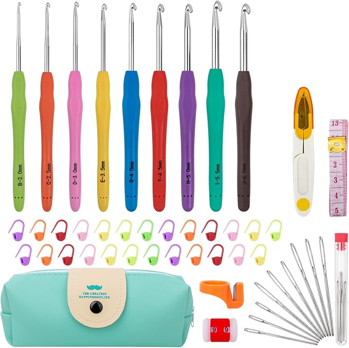 Crochet Hooks 9 Sizes Crochet Hook Set, 49 Pack Yarn Crochet Kit for Beginners, Knitting Needles with Ergonomic Handles for Arthritic Hands, Crochet Needle Kit with Blue Case for Crocheters