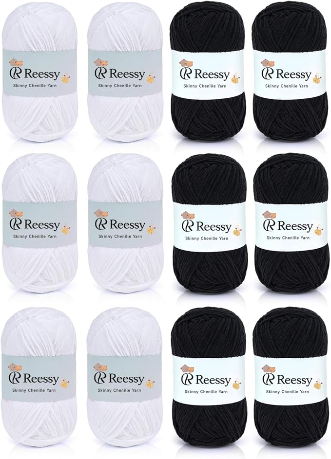 Skinny Chenille Yarn Pack - 12 Skeins (6 White + 6 Black, 1.76oz/50g Each, Total 1,896yd) – Fine Weight Matte Chenille Yarn for Crocheting – Soft CYC#2 for Baby Iteams, Plush Toys & Home Décor