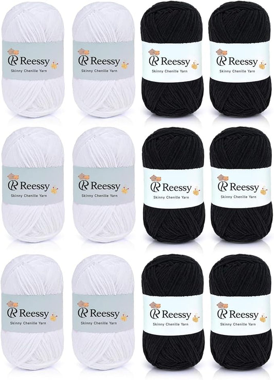 Skinny Chenille Yarn Pack - 12 Skeins (6 White + 6 Black, 1.76oz/50g Each, Total 1,896yd) – Fine Weight Matte Chenille Yarn for Crocheting – Soft CYC#2 for Baby Iteams, Plush Toys & Home Décor