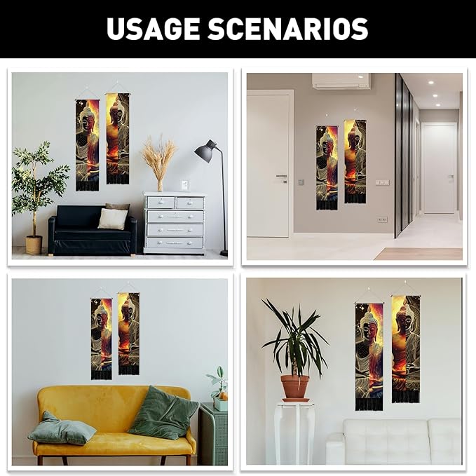 PLIGREAT 2 Pack Buddha Tapestry with Tassels, Vertical Zen Decor Long Narrow Wall Tapestry Meditation Wall Hanging for Yoga Room Bedroom Living Room Dorm Room Home Art Decor, 46" x 13"