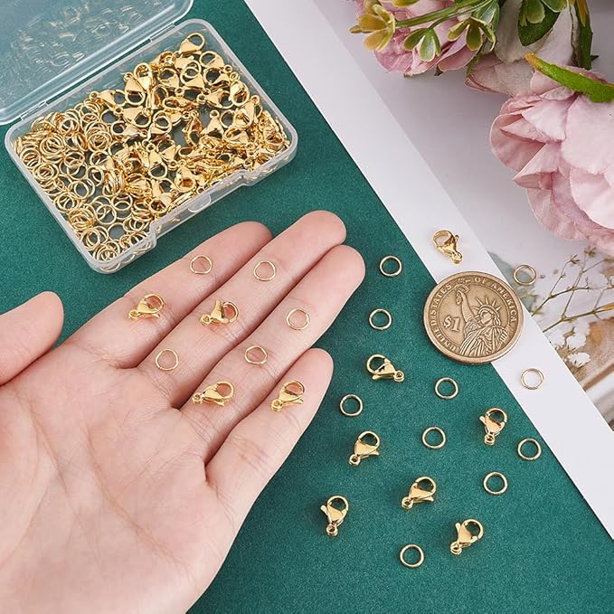 PH PandaHall 60pcs Lobster Claw Clasps with 120 pcs 6mm 20 Gauge 304 Stainless Steel Jump Rings for Earring Bracelet Necklace Pendants Jewelry DIY Craft Making, Golden