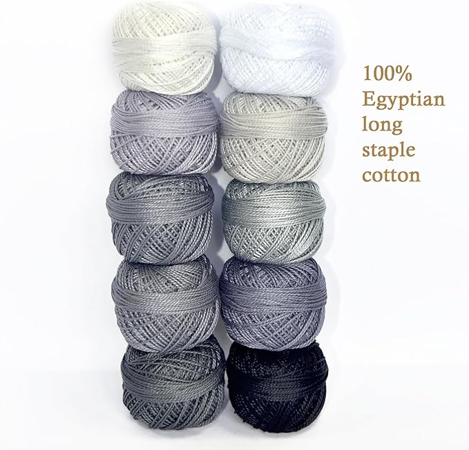 Double Mercerized Egyptian Long Staple Cotton Pearl Thread Ball 10 Grams Rainbow Color Embroidery Thread 10 Colors per Box for Crochet Hardanger Cross Stitch Hand Embroidery,Grey Series