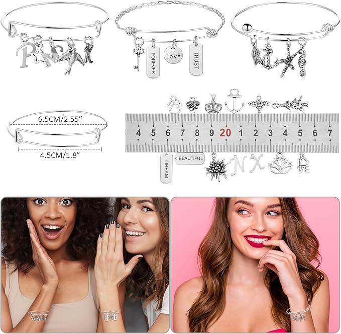 363 Pcs Charm Bracelet Making Kit Bangle Bracelets DIY Kit, 17 Silver Expandable Wire Bangles, 146 Charms Pendants, 200 Open Jump Rings for Christmas Women Jewelry Making
