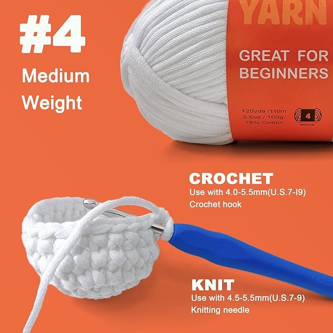 2x3.5Oz Beginner-Friendly Yarn for Crocheting and Knitting;Worsted-Weight Medium #4;Cotton Blend Yarn for Beginners with Easy-to-See Sitches,Great for Amigurumi DIY (Black, 2 Skein)