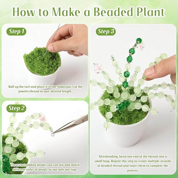 Hoolerry 2 Sets DIY Beaded Plant Kits 2.5 Inch Mini Beads and Planter Making Kit Crafts Desktop Vase Decor Green Beads Succulent Flower Kit Ornaments for Home Decor Plants Lover Handmade Gifts (White)