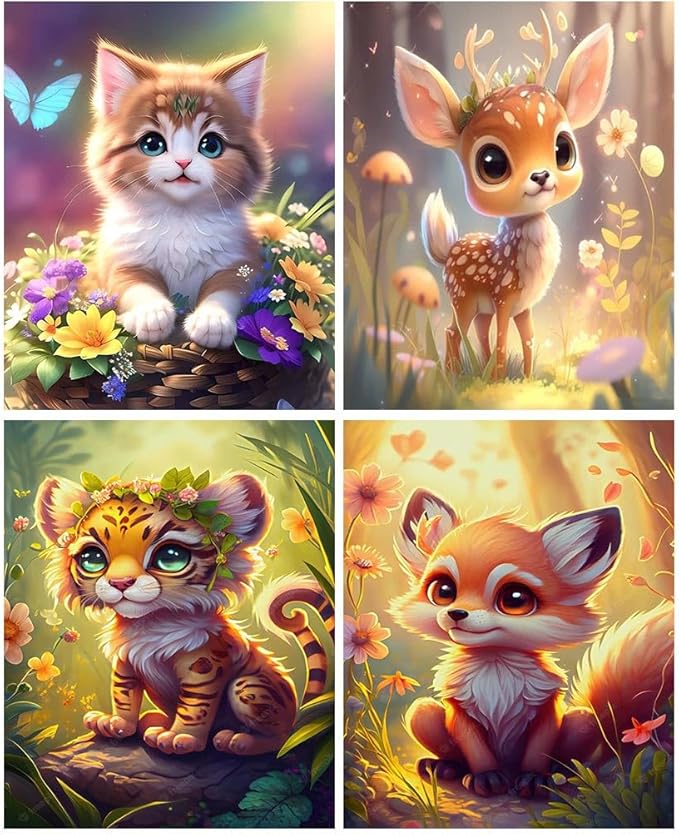 Meothan Diamond Art Kits for Adults - 4 Pack Animals Diamond Painting Kits for Adults, 5D Round Full Drill Gem Art Paint by Diamonds Pictures DIY Crafts Kits 9.8 x 13.8 inch (Cat Fox Deer and Tiger)