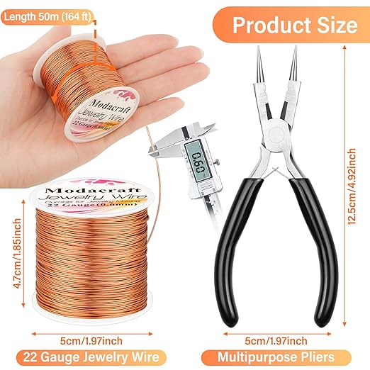 Modacraft 22 Gauge Copper Wire for Jewelry Making with 4 in 1 Plier, 164Ft/0.6mm Craft Beading Pure Bare Copper Wire for Jewelry Making Supplies and Crafting