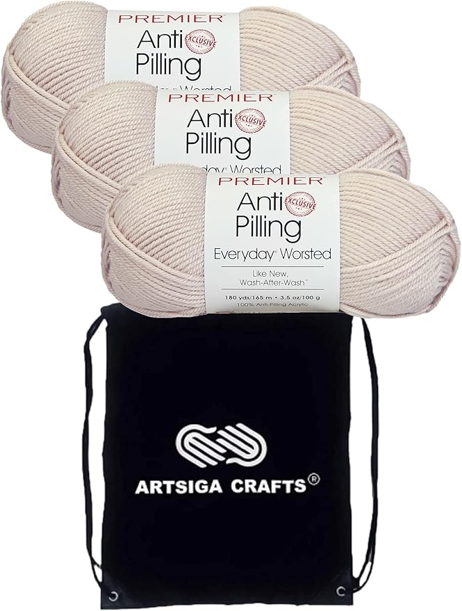 Premier Yarns Everyday Anti-Pilling Solid Linen DN100-78 (3-Skeins - Same Dye Lot) #4 Worsted Weight Acrylic Yarn for Crocheting and Knitting with Project Bag