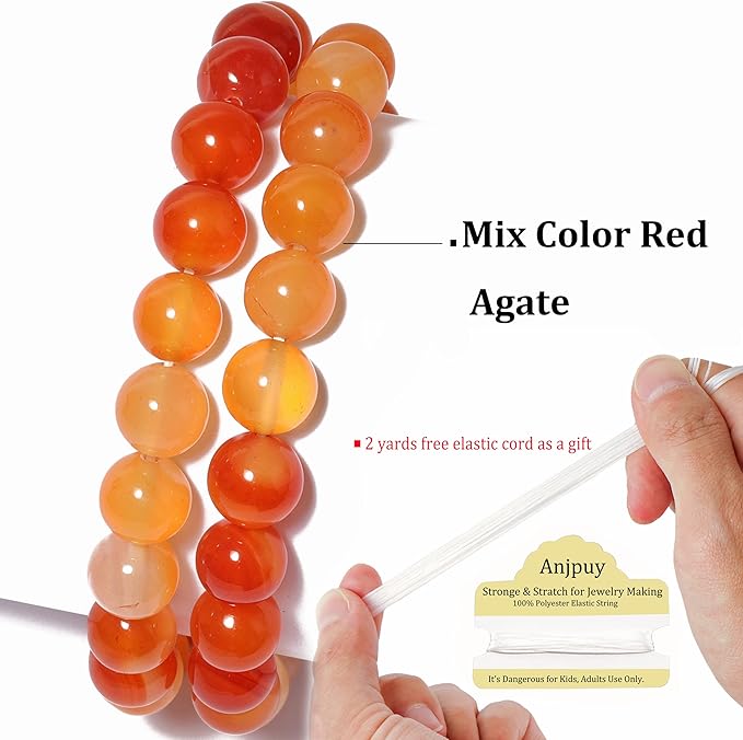 8mm Natural Orange Agate Round Bead - 45PCS Bulk Gemstone Beads for Jewelry Making, DIY Bracelets, Necklaces - Includes Crystal Stretch Cord - Beads for Crafting Gifts