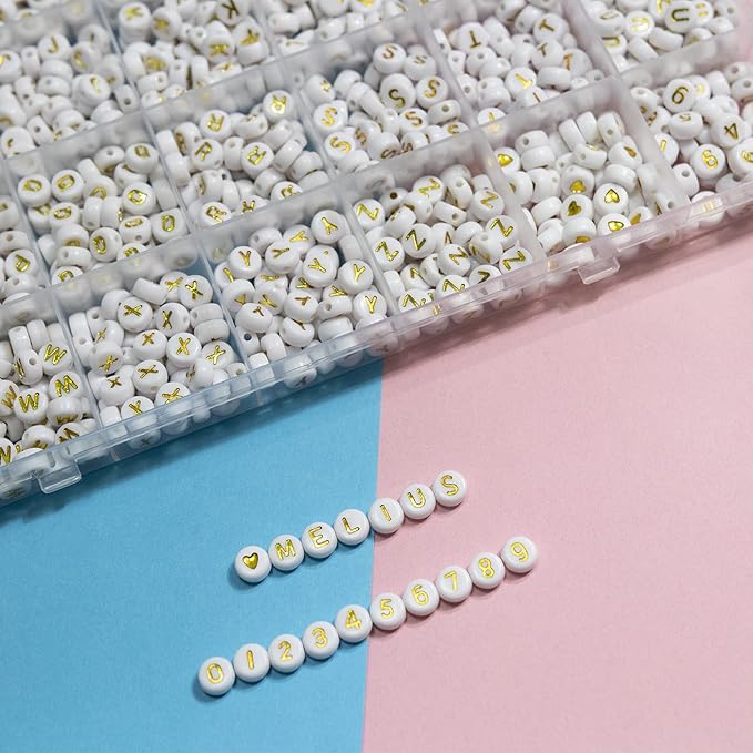 Melius Acrylic Gold Letter Beads, 1450 Pcs 4x7mm Round Alphabet Beads in 28 Grid Box for Jewelry Making, DIY Bracelets, Necklaces, Key Chains, Bracelets