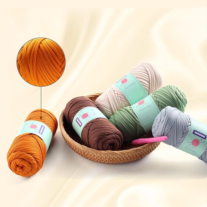 2 Skeins Tshirt Yarn for Crochet,Soft T Shirt Yarn for Crocheting Bag/Basket/Home Decor,Trapillo para Tejer a Crochet Bolsas with 1 Crochet Hook,Each Ribbon Yarn 7oz, 65yd (White+Chicken Yellow)
