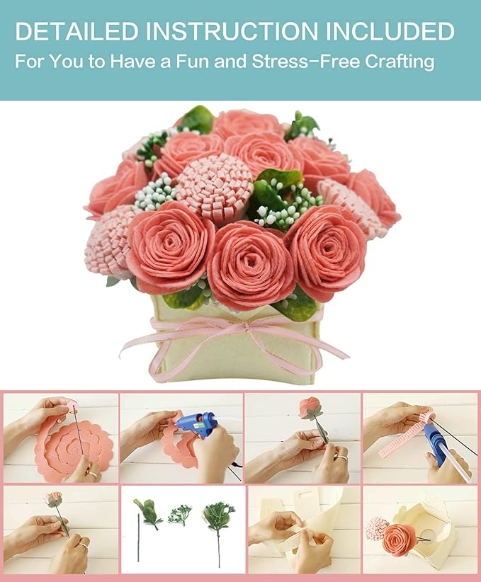 BAZIMA DIY Felt Flower Art Craft Kit,DIY Pink Rose and Carnation Bouquet Kit, Floral Gifts,Beginner Craft Kit,Arrange Pre-Cut Felt Flowers and Foliage