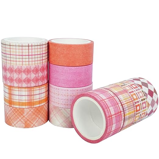 YUBX Basic Grid Washi Tape Set 12 Rolls Plaid Decorative Masking Tapes for Arts, DIY Crafts, Journals, Planners, Scrapbook, Wrapping (Pink)