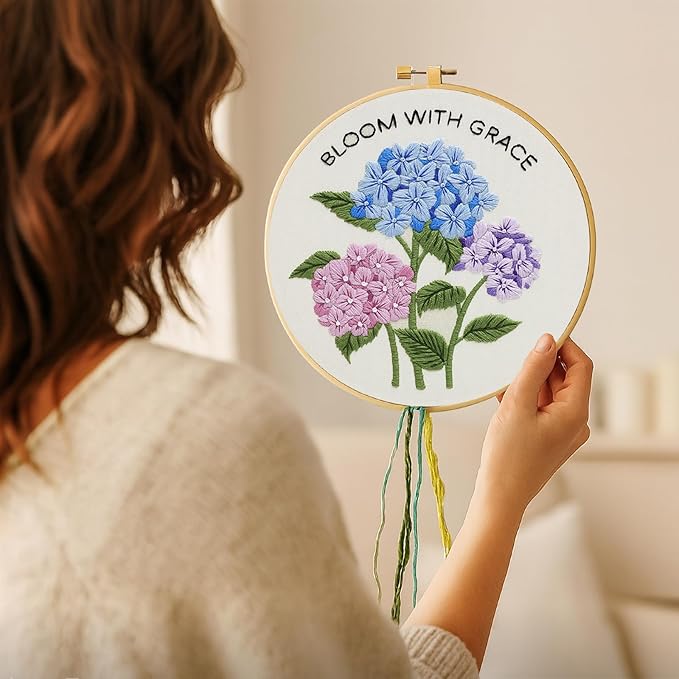 Nuberlic Hydrangea Embroidery Kits for Beginner Adults Cross Stitch Kit with Stamped Pattern Include Cloth Hoops Threads Needles