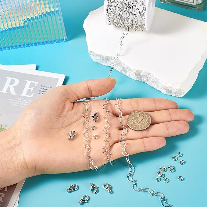 Sparkeads 9.84 Feet(3m) Silver Chain for Jewelry Making,Brass Hollow Moon Link Chains,Silver Link Necklaces for Women, Cable Chain for Bracelet DIY Earring Craft Supplies Jewelry Making Kits,10x6x1mm