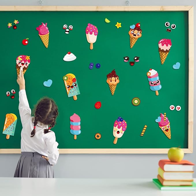 chiazllta 30 Packs Summer Ice Cream Craft Kits for Sweets DIY Sticker Art Craft Set for Early Home Day-Care Fun Game Activities Summer Party Favors