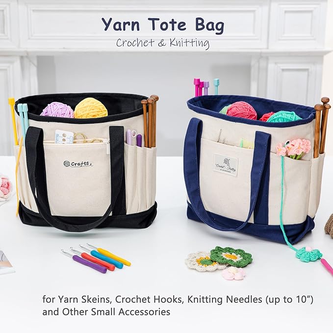 Canvas Yarn Storage Organizer Bag Washable Crochet Bag with Pockets for Yarn, Hooks, Needles – Travel Knitting Tote for Crafters – Gift for Crocheters & Knitters (Medium/Large)