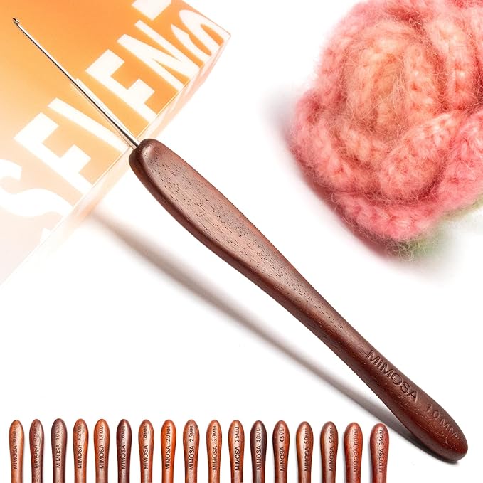 SEVENSUN Mimosa 1.0mm Single Crochet Hook, Available in 0.6mm-6.5mm, Ergonomic Hand Polished Stainless Steel Inline Pointy Wood Handle Crochet Hook for Arthritic Hands, Mother's Day Gifts for Mom
