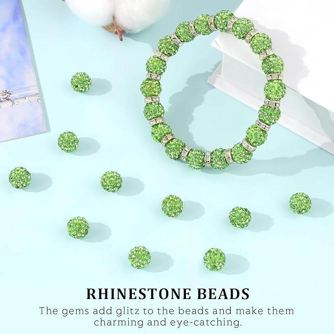 120pcs 10mm rhinestone beads for jewelry making, light green shiny round shamballa disco ball beads, sparkle crystal clay christmas for bracelet baseball necklace earring crafting and diy