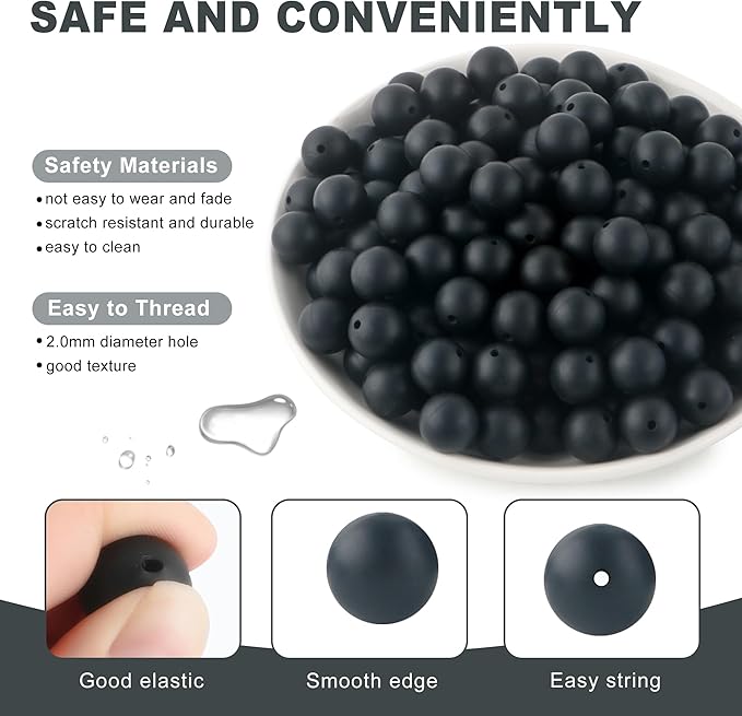 150Pcs 15mm Silicone Beads for Keychain Making Bracelet Necklace, Bulk Round Silicone Beads for Pens（Black）