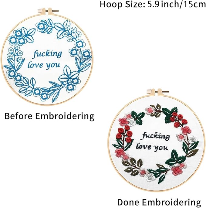 Louise Maelys Embroidery Starter Kit with 3 Hoops for Adults Funny Floral Wreath Pattern for Beginners Needlepoint Kits