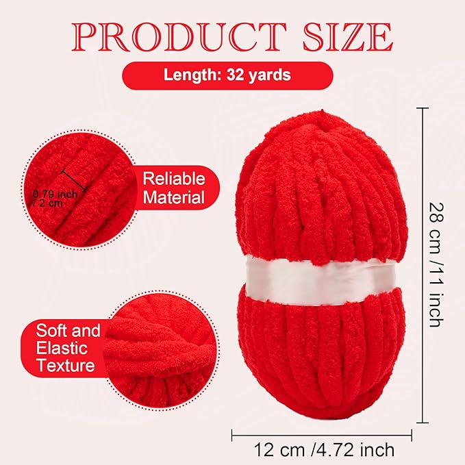 Chunky Yarn for Hand Knitting, Jumbo Chunky Yarn for Crocheting, Chunky Chenille Yarn, 1 Pack (32 yds 8.5 oz Each Skein),#7, Red