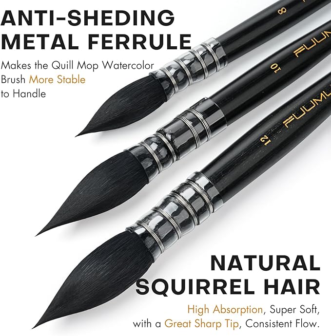 Professional Watercolor Brush, Fuumuui Natural Squirrel Hair Mop Brush, Round Quill Detail Fine Tip Watercolor Paint Brush for Water Color Gouache Ink Painting - Sizes #10