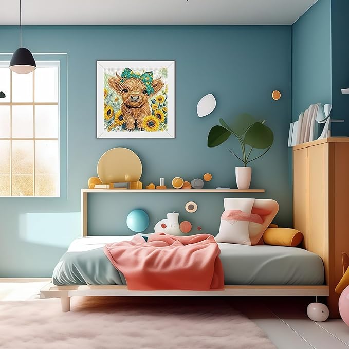BYGFHLYW Cow Diamond Painting Kit for Kids with Frame, Animals Diamond Art for Kids Ages 8-12, Full Drill Cute Diamond dot Big Gem Art Kits for Children Beginners Home Wall Art Decor 7X7 inch