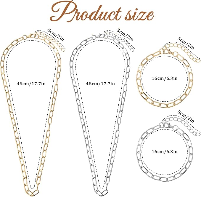 Oqqlin 32 Pcs Charm Necklace Bracelets Kit, Gold Silver Paperclip Chains Zinc Alloy 18 Inch Necklace 6.5 Inch Bracelet with Lobster Clasp for DIY Jewelry Making, Gifts