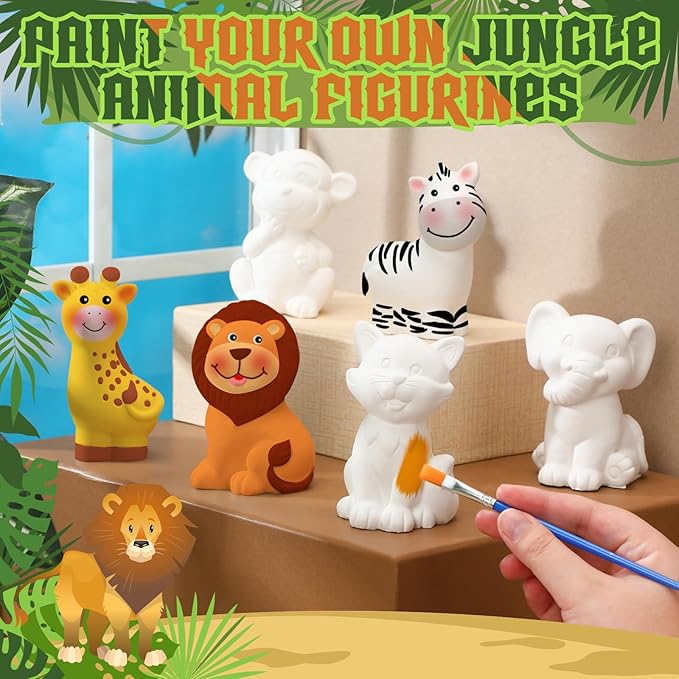Gemscream 6 Sets Animal Painting Craft Kits Wild Animal Ceramics to Paint Safari Ceramics Ready to Paint for Activities Figurines Art Supplies Gifts(Jungle)