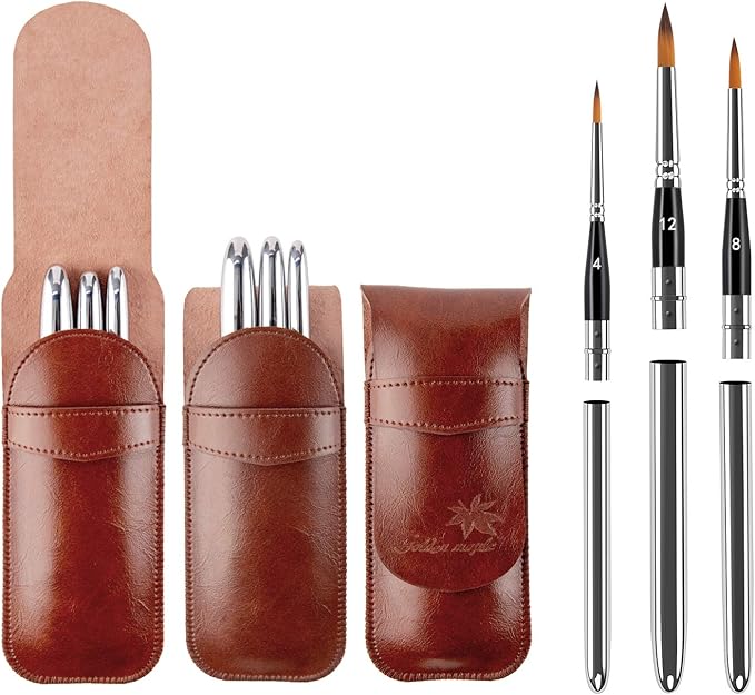 Travel Watercolor Brushes, Golden Maple 3pcs Watercolor Travel Brushes with Leather Pouch - Pointed Round for Watercolor Acrylics Gouache Ink Painting