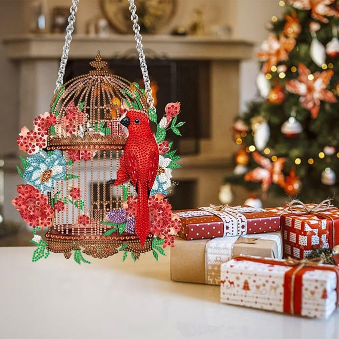 Generic Flower Birdcage Design DIY Diamond Art Painting Wreath Kits Special Shaped Rhinestone Diamond Art Window Pendants Home Garden Wall Hanging Kits (Single Side Point Drill) (#08)