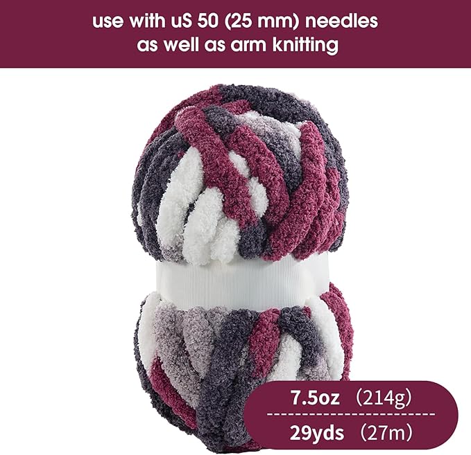 HOMBYS Chunky Tie Dye Mix Chenille Yarn for Hand Knitting, Super Bulky Jumbo Yarn for Crocheting, 3/4" Thick Soft Plush Yarn for Blankets, 8 Skein Pack (26 yds / 7.5 oz Each) Wine Red Grey White