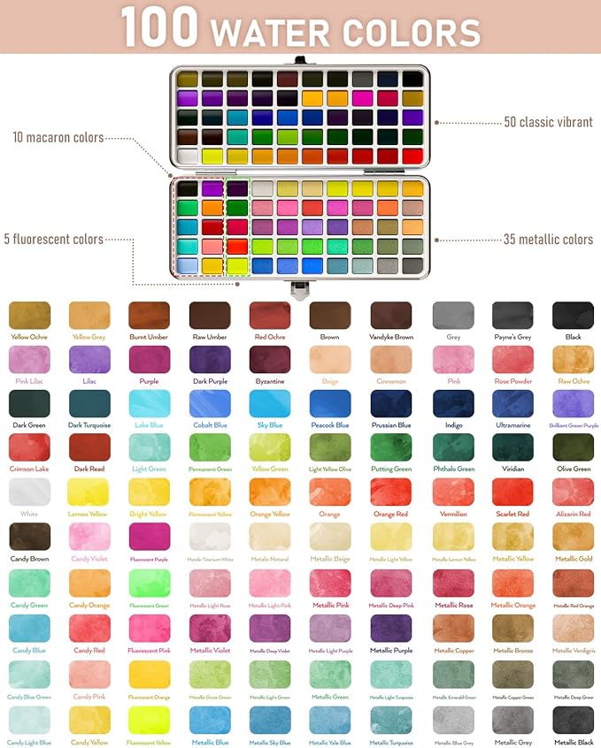 nicpro 100 colors watercolor paint set include metallic macaron & fluorescent, 8 synthetic squirrel painting brushes, 25 water color paper, palette, art supplies kit for artist adult beginner with gift box