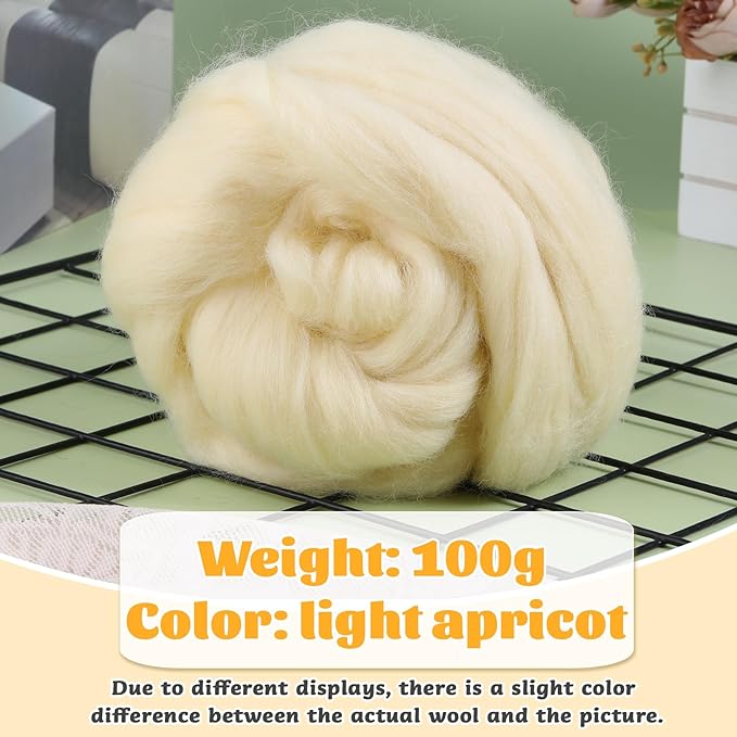 3.53oz Wool Roving, Wool Felting Supplies, Pure Wools, Chunky Yarn, Spinning Wool Roving for Needle Felting Wet Felting DIY Hand Spinning (Apricot White)