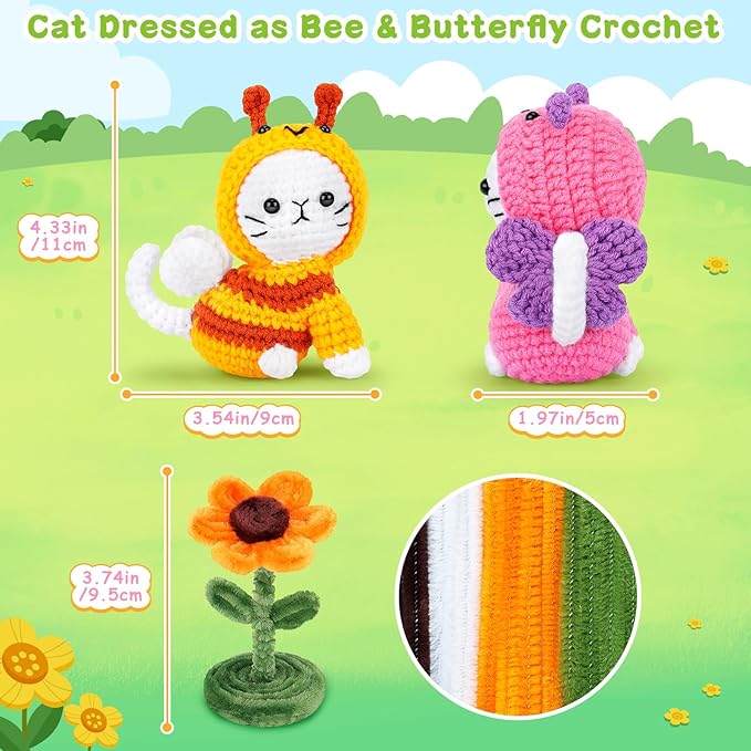 Cats Crochet Kit for Beginners, 2PCS Cats Dressed as Bee and Butterfly Crochet Kits with Step-by-Step Video Tutorials, Beginner Crochet Kits for Adults, Cat Crocheting Kit Gifts for Birthday