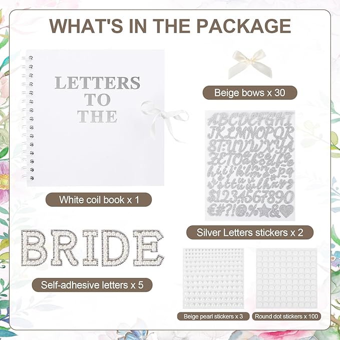 8 x 8 Inch Letters to The Bride Scrapbook Wedding Scrap Book Letters To The Bride Book Bridal DIY Blank Paper Scrapbook Photo Album with Pearl Stickers, Metallic Letters, Bows(White)