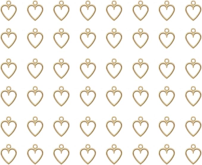 Ruwado 50 pcs Hollow Heart Charm Jewelry Making Kits for Jewelry Making 1.5 x 1.2 cm Cute Accessories for DIY Crafting Project Christmas Tree Décor Necklace Bracelet Keychain Earring Supplies (Gold)