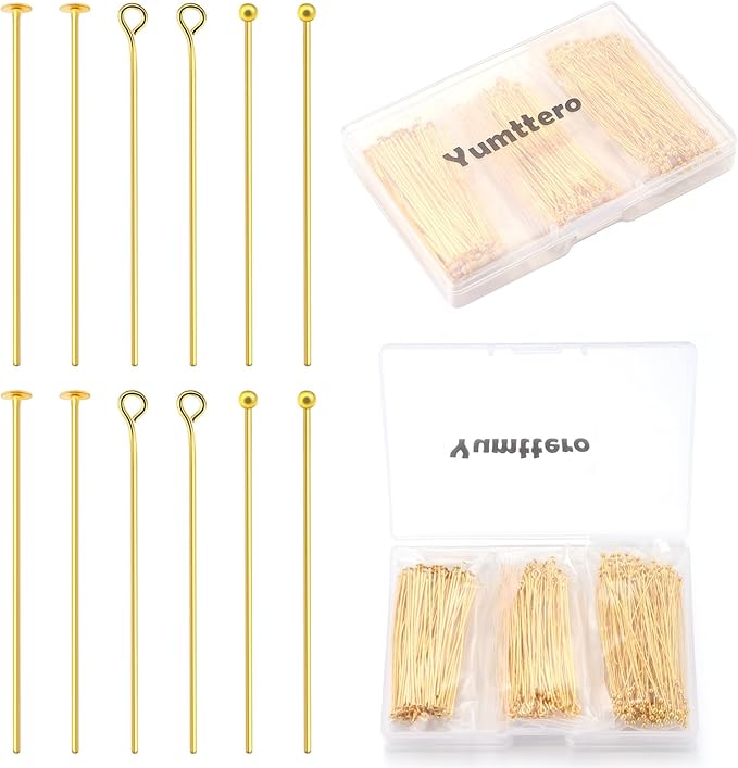 210 Pcs 50mm/1.97 Inch Head Pins for Jewelry Making Straight Ball Eye Pin for DIY Christmas Styles Craft Earring Bracelet Necklace Pendant Making (Mixed Pins,Gold Color)