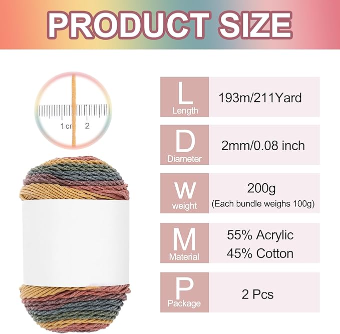 MECCANIXITY Cotton Acrylic Yarn for Crocheting, 422 Yard 5 Ply Soft Gradient Yarn Acrylic 45% Cotton 55% Used for DIY Knitting Blankets Scarves(2 Packx100g,Yellow,Green,Red,Purple,Blue)