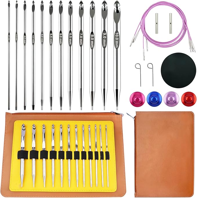 Hobekoee Tunisian Crochet Hooks Set with Cable,12 Size Aluminium Interchangeable Crochet Hook Set Inline Crochet Hooks Afghan Crochet Needles 3mm-10mm