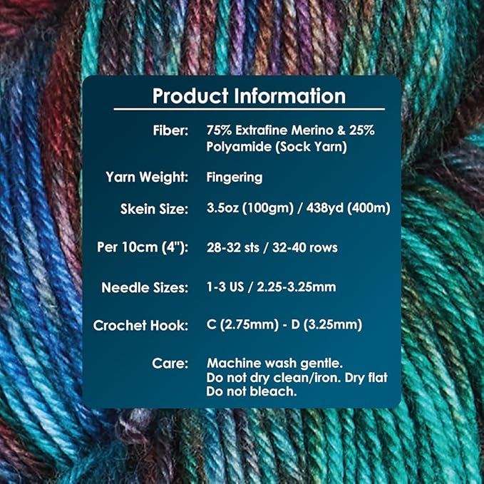 KnitPro Symfonie Fingering Weight Hand Dyed Variegated Yarn Skein | Extra Fine Merino Wool & Polyamide Blend for Knitting & Crocheting, Oeko-TEX Certified 400m, 100g | Terra Tropical Seascape