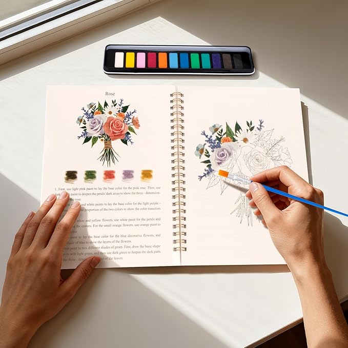 Watercolor Workbook for Adults, Beginner Friendly Watercolor Painting Kit Bouquet Water Coloring Book, Nature-Themed Practice Art Gift Water Color Paint Book with Palette and Brush