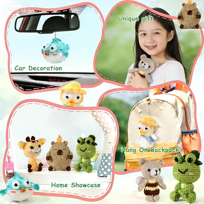 6Pcs Crochet Kit for Beginners, DIY Crochet Kit For Adults, Crochet Animal Kits with Step by Step Videos Tutorials, Yarn Crochet Hook Great Birthday Holiday Gift, DIY Keychain Pendants (Set-03)
