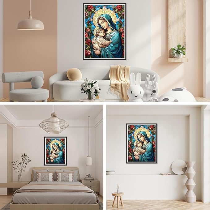 SENQAO Virgin Mary Diamond Painting Kits for Adults, Stained Glass Jesus Diamond Art for Beginners, Round 5D Paint with Diamonds Pictures Gem Art Painting Kits DIY Adult Crafts Kits 12x16inch