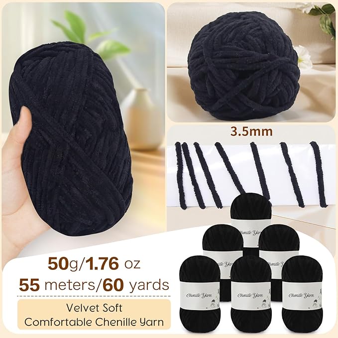 SIMEIQI 6 Pack of 1.76oz Chenille Yarn for Crocheting,60yards Soft Fluffy Velvet Yarn, Ideal Crochet for DIY Baby Blankets Toys Scarves Throw Pillows Hats Cushions(Black)