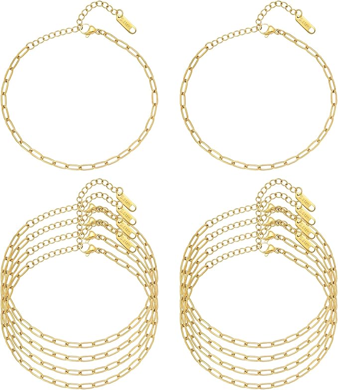 Swyabi 10 PCS Stainless Steel Bracelet Chains for Jewelry Making 6.5Inch Gold Plated Paperclip Chain Bulk with Extender