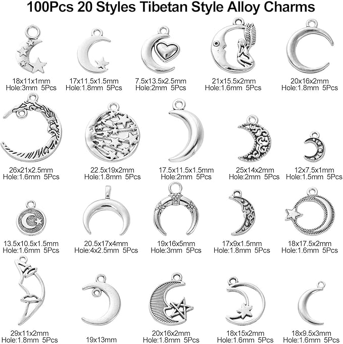 DanLingJewelry 100Pcs Mixed Styles Antique Silver Moon Charms Tibetan Moon and Star Charms for Crafting Jewelry Findings Making